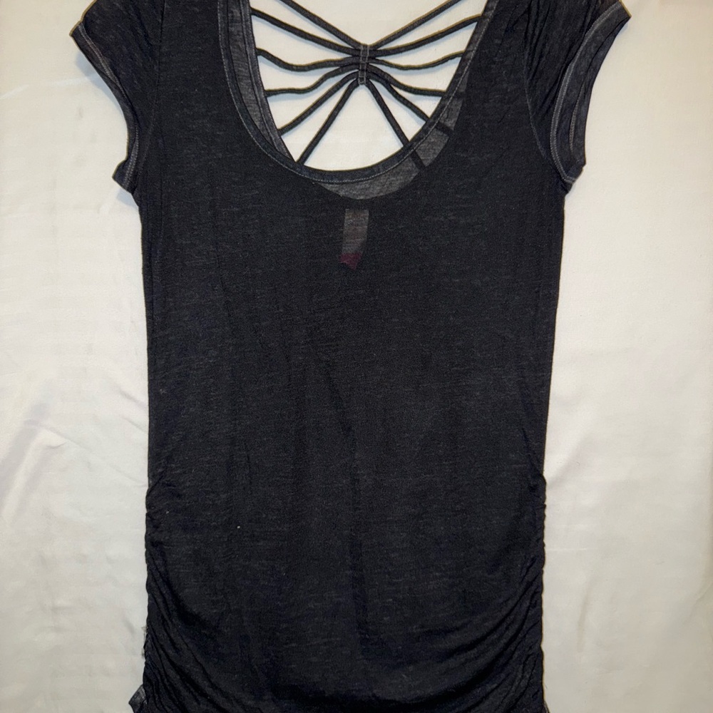 No Boundaries Black Backless Ruched Cap Sleeve Bodysuit